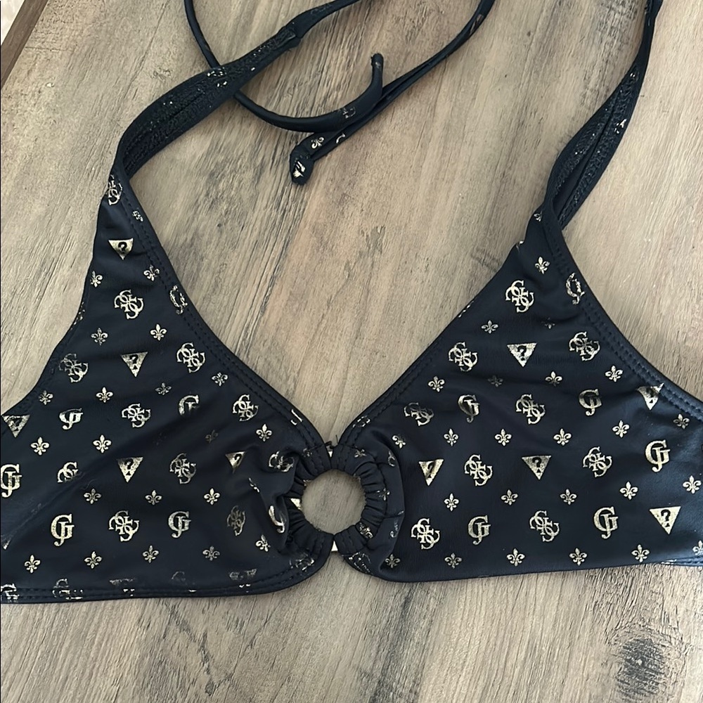 Guess Black and Gold Guess logo Patterned Bikini Top